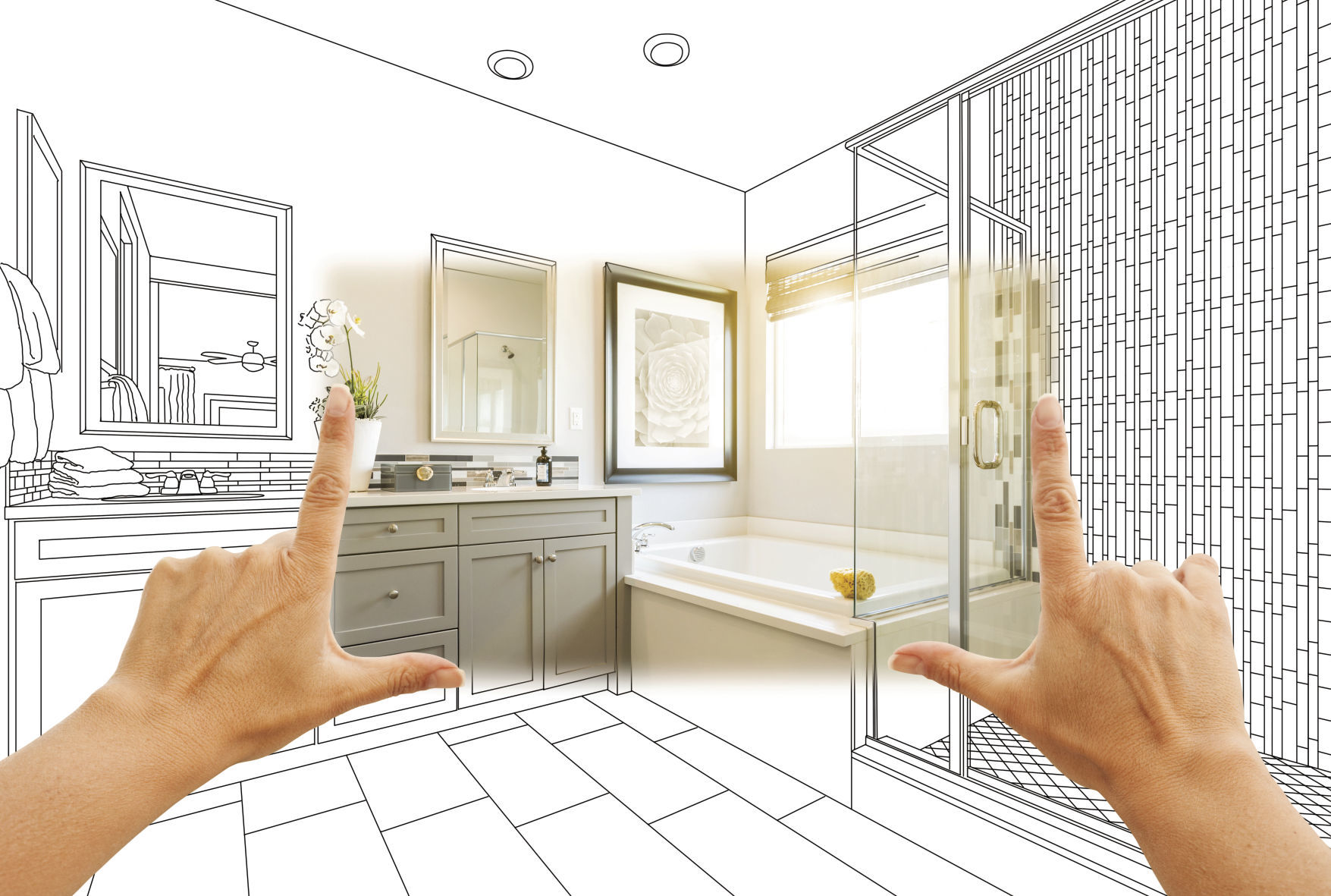 Hands Framing Custom Master Bathroom Photo Section with Drawing Behind